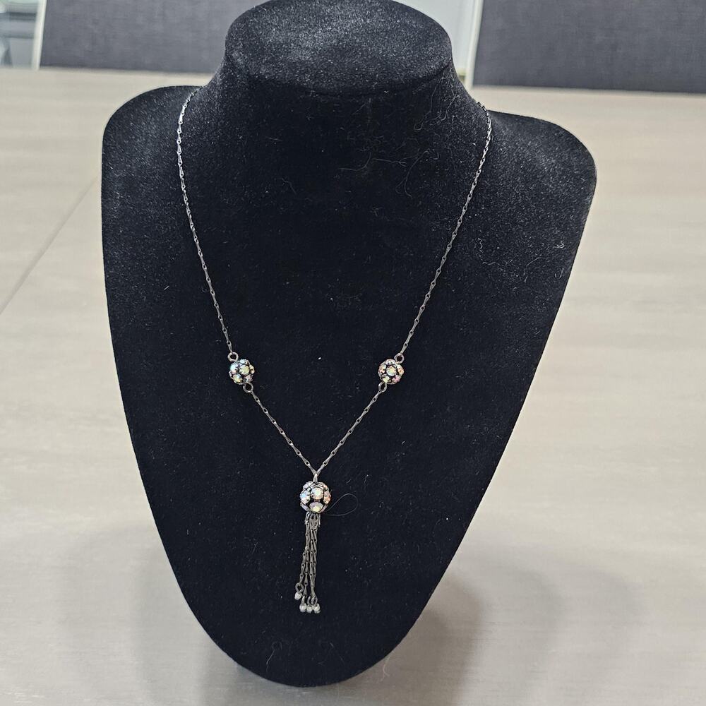 S P Signed Iridescent Crystal Tassel Necklace, Dark Hematite Style Lariat